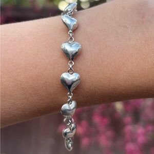 Vintage 925 Sterling Silver Puffy Heart Bracelet LEX Signed 7 Inch Link